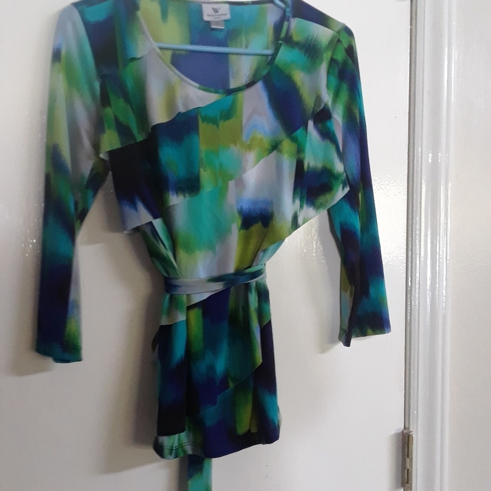 3/4 length blouse turquoise white and blue